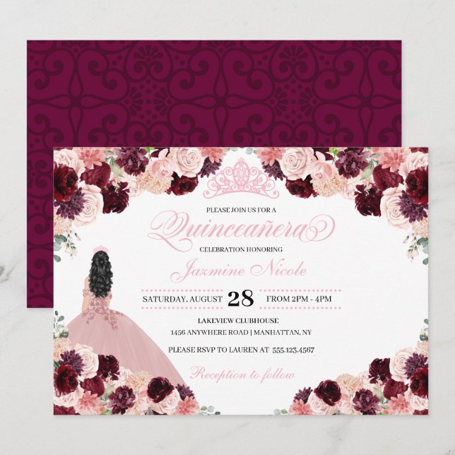Burgundy Blush Pink Floral Quinceanera Birthday In Invitation (Front/Back)
