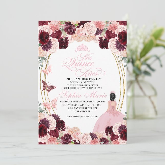 Burgundy Blush Pink Floral Quinceanera Birthday In Invitation (Standing Front)