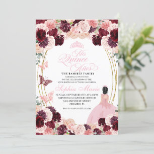 Burgundy Blush Pink Floral Quinceanera Birthday In Invitation