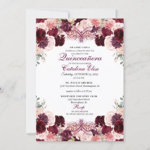Burgundy Blush Pink Floral Quinceanera Birthday Invitation