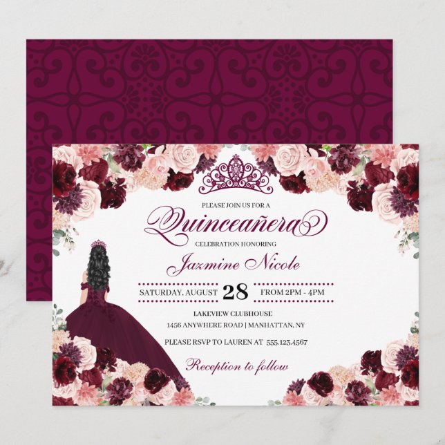 Burgundy Blush Pink Floral Quinceanera Birthday Invitation (Front/Back)
