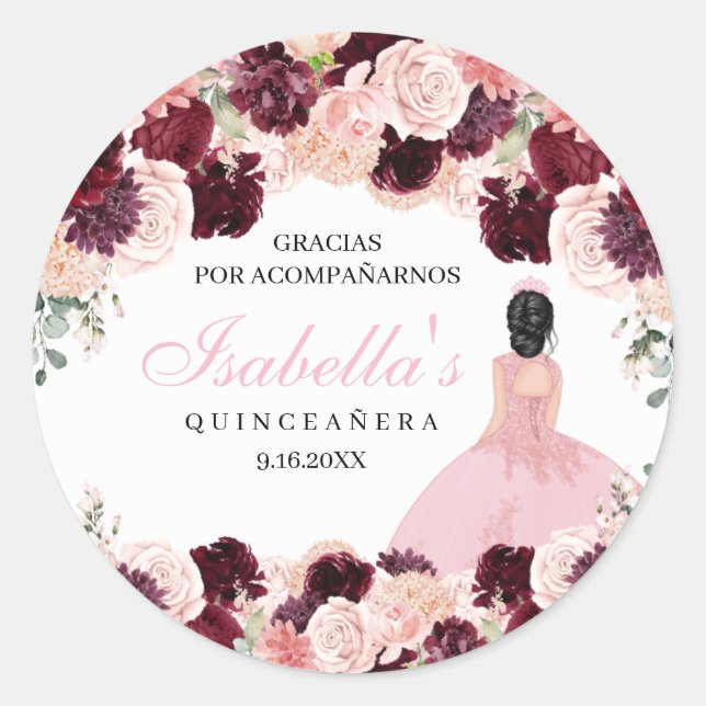 Burgundy Blush Pink Floral Quinceanera Classic Round Sticker (Front)