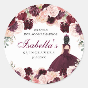 Burgundy Blush Pink Floral Quinceanera Classic Round Sticker