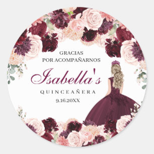 Burgundy Blush Pink Floral Quinceanera Classic Round Sticker