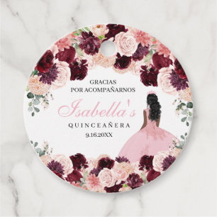Burgundy Blush Pink Floral Quinceanera  Favour Tag