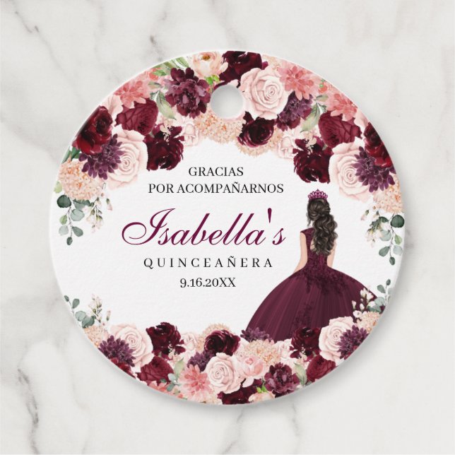 Burgundy Blush Pink Floral Quinceanera  Favour Tag (Front)
