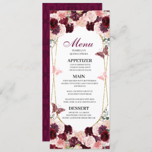 Burgundy Blush Pink Floral Quinceanera Menu Invitation
