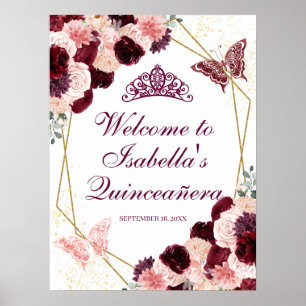 Burgundy Blush Pink Floral Quinceanera Poster