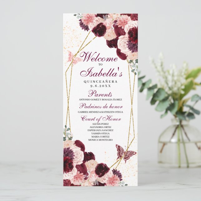 Burgundy Blush Pink Floral Quinceanera Program Invitation (Standing Front)
