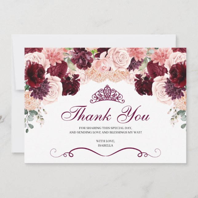Burgundy Blush Pink Floral Quinceanera Thank You  (Front)