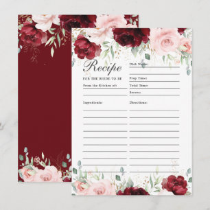 Burgundy Blush Pink Floral Recipe For Bride Card