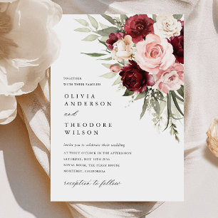 Burgundy Blush Pink Floral Rose Wedding Invitation