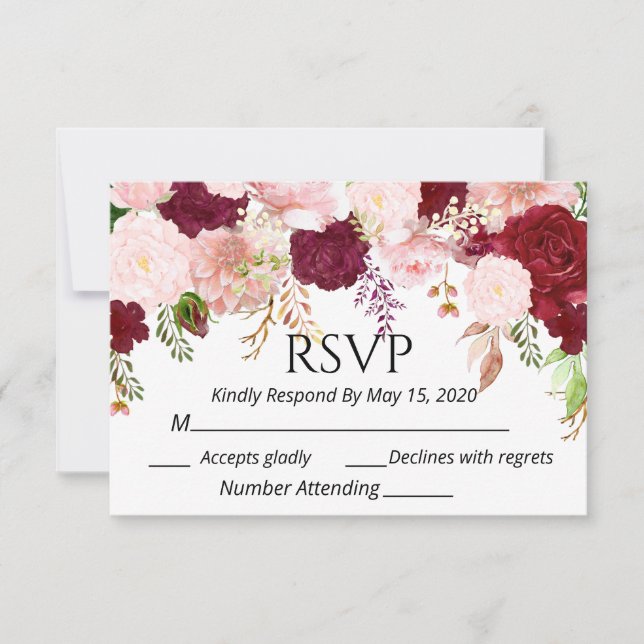 Burgundy Blush Pink Floral RSVP wedding Watercolor (Front)