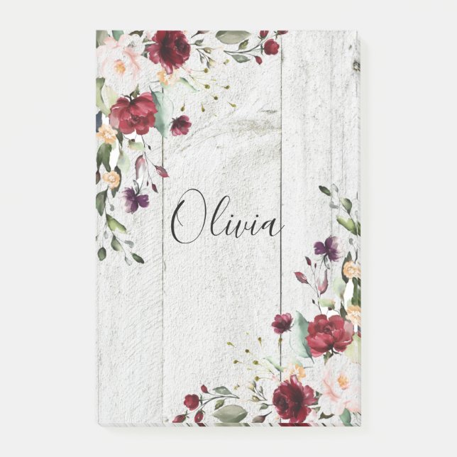 Burgundy Blush Pink Floral Rustic Post-it Notes (Front)