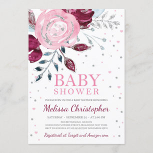 Burgundy blush pink floral silver glitter baby invitation