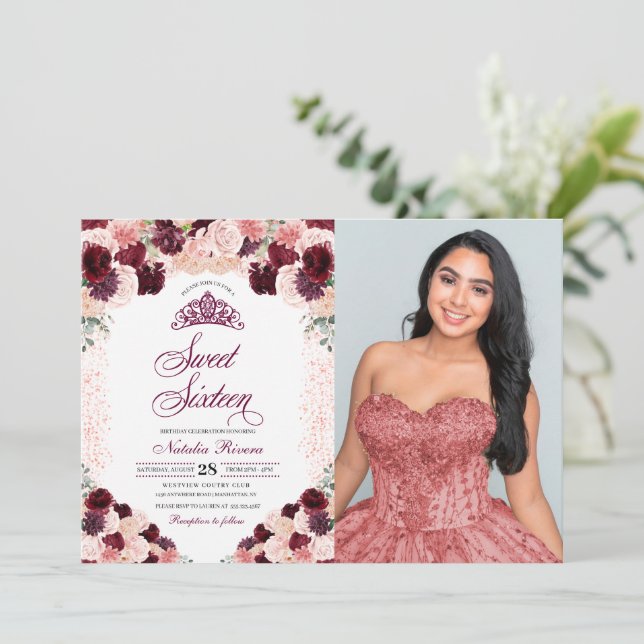 Burgundy Blush Pink Floral Sweet Sixteen Birthday Invitation (Standing Front)