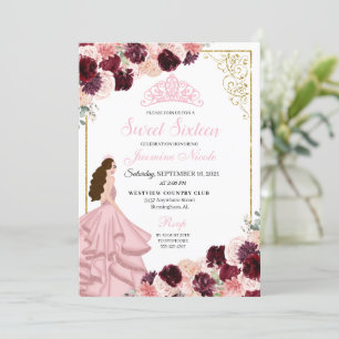 Burgundy Blush Pink Floral Sweet Sixteen Birthday Invitation