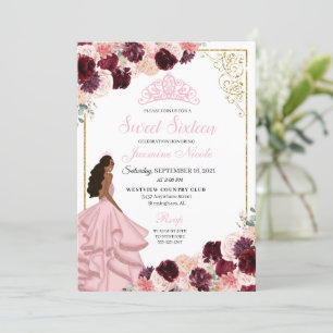 Burgundy Blush Pink Floral Sweet Sixteen Birthday Invitation