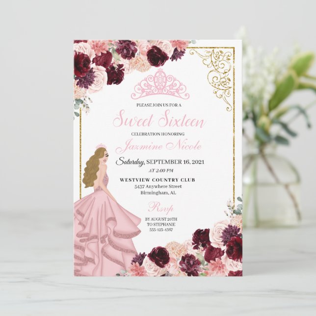 Burgundy Blush Pink Floral Sweet Sixteen Birthday  Invitation (Standing Front)