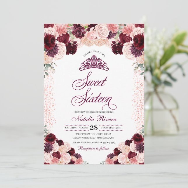 Burgundy Blush Pink Floral Sweet Sixteen Birthday Invitation (Standing Front)