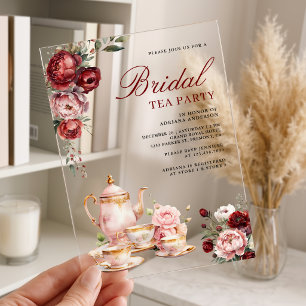 Burgundy Blush Pink Floral Tea Party Bridal Shower Acrylic Invitations