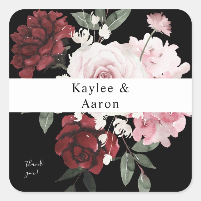 Burgundy & Blush Pink Floral Thank You - Black Square Sticker (Front)
