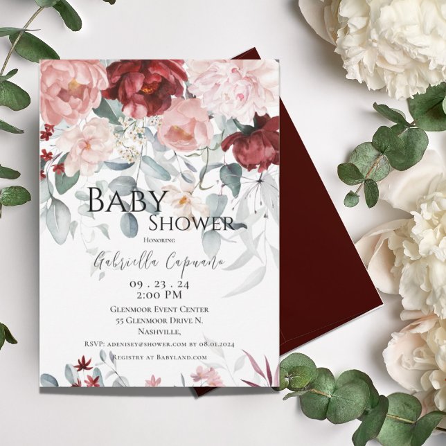 Burgundy Blush Pink Floral Watercolor Baby Shower Invitation (Creator Uploaded)