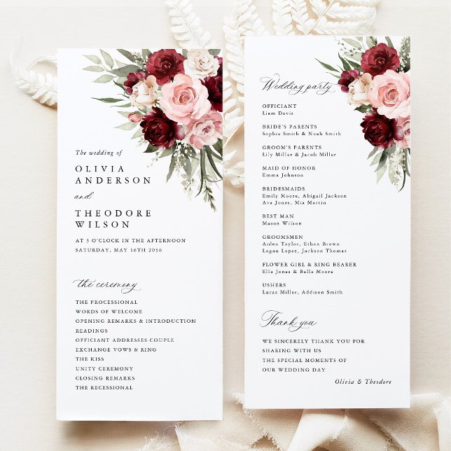 Burgundy Blush Pink Floral Wedding Ceremony Programme (burgundy blush pink floral wedding program card, ceremony program, elegant burgundy rose stationery)