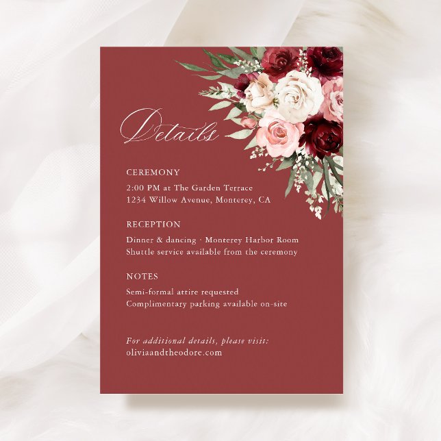 Burgundy Blush Pink Floral Wedding Details, Info Enclosure Card (Burgundy blush pink floral wedding information card rose elegant ceremony reception details)