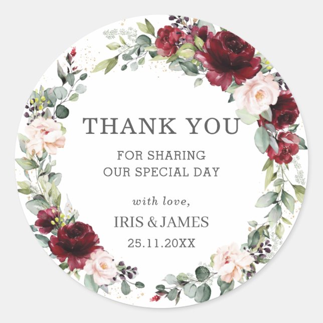 Burgundy Blush Pink Floral Wedding Favour Thank Yo Classic Round Sticker (Front)