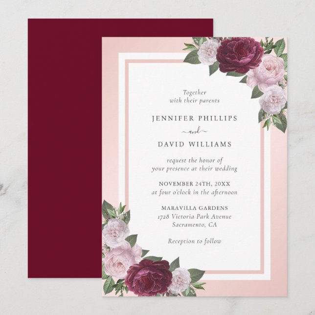 Burgundy Blush Pink Floral Wedding Invitation (Front/Back)