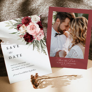 Burgundy Blush Pink Floral Wedding Photo Save The Date