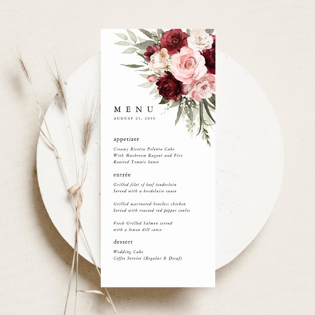 Burgundy Blush Pink Floral Wedding Reception Menu (Burgundy blush pink floral wedding menu card elegant rose reception menu dinner menu table setting)
