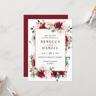Burgundy & Blush Pink Floral Wedding Save the Date Invitation