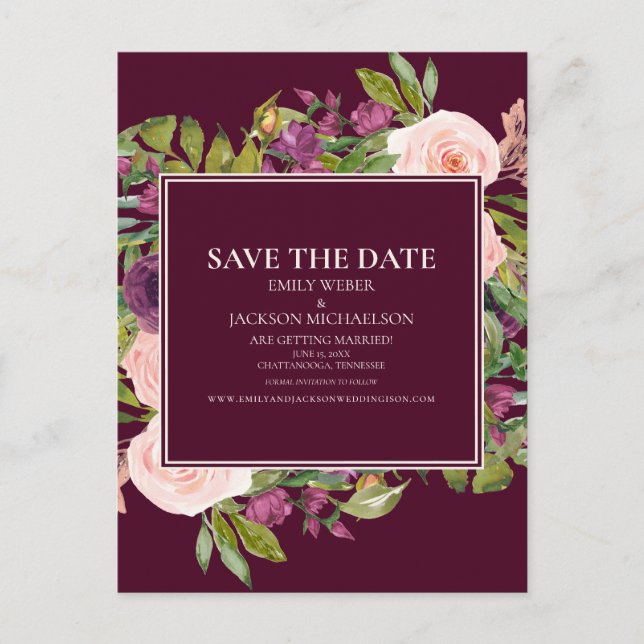 Burgundy Blush Pink Floral Wedding Save the Date Postcard (Front)
