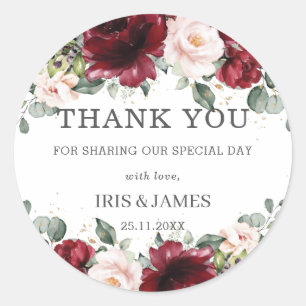 Burgundy Blush Pink Floral Wedding Shower Birthday Classic Round Sticker