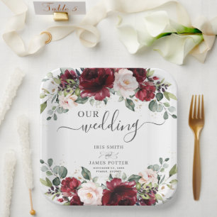 Burgundy Blush Pink Floral Wedding Shower Birthday Paper Plate