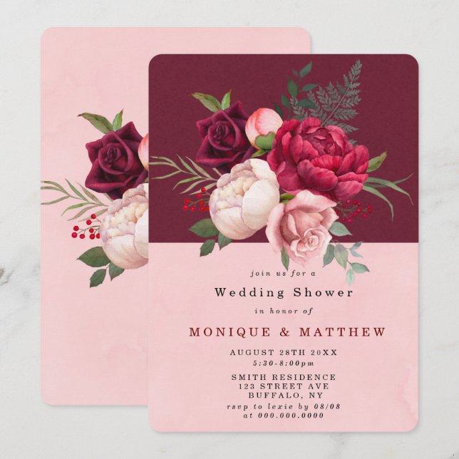 Burgundy Blush Pink Floral Wedding Shower Invites (Front/Back)