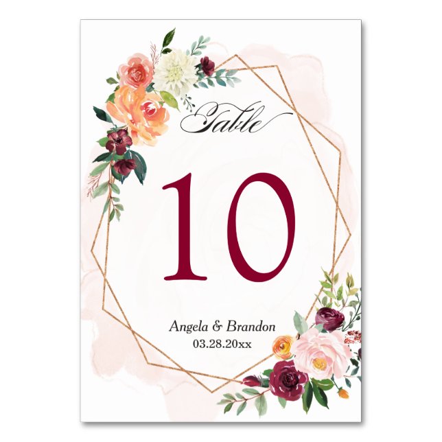 Burgundy Blush Pink Floral Wedding Table Number (Front)