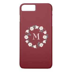Burgundy Blush Pink Floral Wreath Monogram iPhone 8 Plus/7 Plus Case