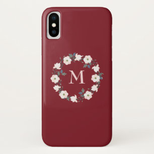 Burgundy Blush Pink Floral Wreath Monogram iPhone X Case