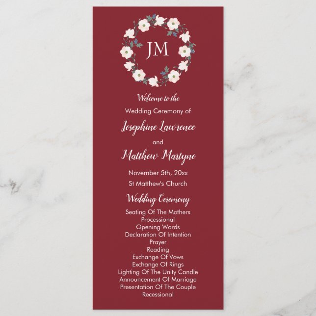 Burgundy Blush Pink Floral Wreath Monogram Programme (Front)