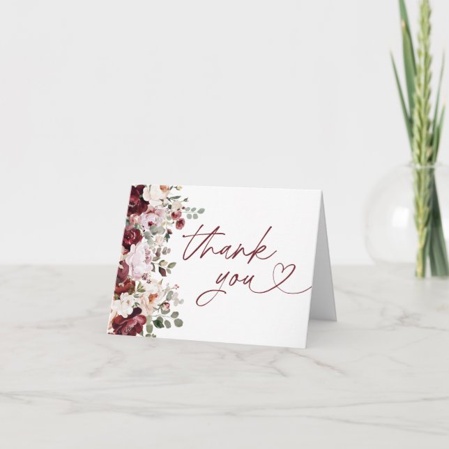 Burgundy Blush Pink Flowers Bridal Shower Thank You Card (Front)