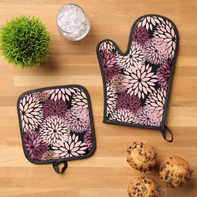 Burgundy Blush Pink Flowers Oven Mitt & Pot Holder Set (Top Down)
