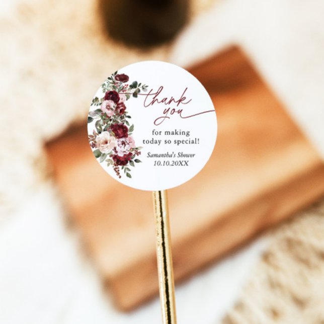 Burgundy Blush Pink Flowers Shower Thank You Classic Round Sticker (Creator Uploaded)
