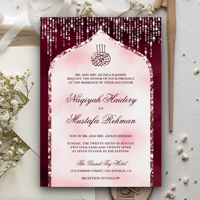 Burgundy Blush Pink Glitter Arch Muslim Wedding Invitation (Creator Uploaded)