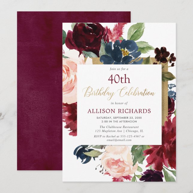 Burgundy blush pink gold floral birthday party invitation (Front/Back)