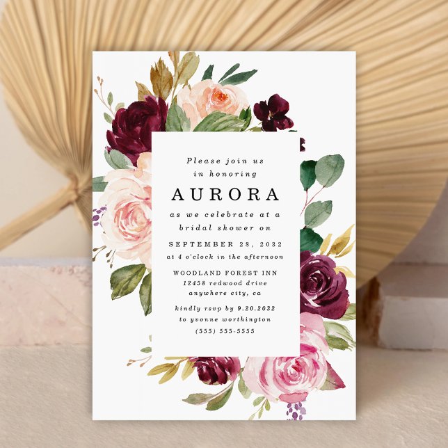 Burgundy Blush Pink Gold Floral Bridal Shower Invitation (Creator Uploaded)