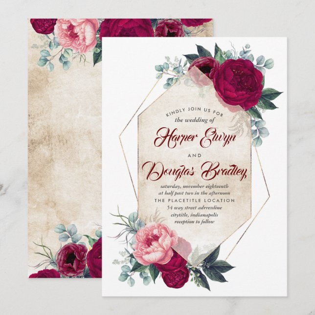Burgundy Blush Pink Gold Floral Geometric Wedding Invitation (Front/Back)