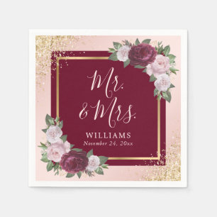 Burgundy Blush Pink Gold Floral Mr & Mrs Wedding Napkin